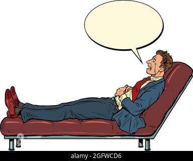 Il paziente è un uomo d'affari maschile in una sessione di psicoterapia, sdraiato sul divano Illustrazione Vettoriale