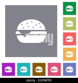 Icone singole cheeseburger piatta su semplici sfondi quadrati a colori Illustrazione Vettoriale
