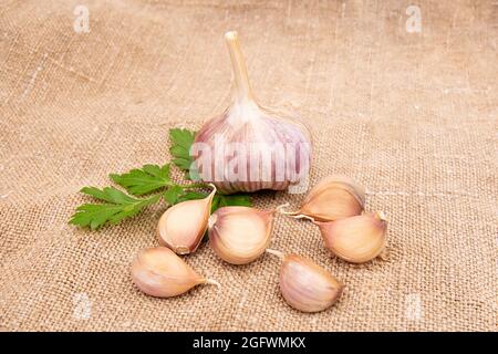 Spicchi d'aglio e bulbo d'aglio su tela d'annata. Foto Stock