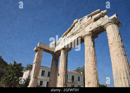 Foto vintage da cartolina della porta di Athena Archegetis un antico monumento storico con quattro colonne doriche e una base tutta di marmo pentelico in Grecia. Foto Stock