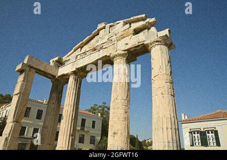 Foto vintage da cartolina della porta di Athena Archegetis un antico monumento storico con quattro colonne doriche e una base tutta di marmo pentelico in Grecia. Foto Stock