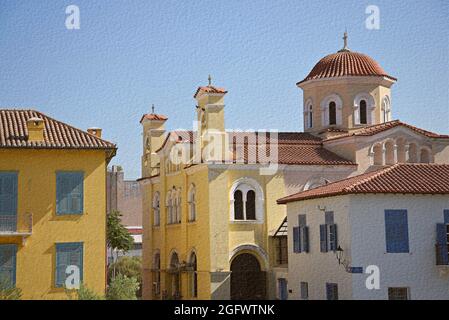 Vista panoramica di Panaghia Grigoroussa e Aghioi Taxiarhes una chiesa bizantina del XII secolo e tesoro archeologico in Plaka Atene Grecia. Foto Stock