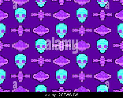Pattern senza giunture su un tema spaziale con grafica a 8 bit nello stile dei videogiochi degli anni '90. Pixel satellite, alieno e saturno. Progettazione per la stampa Illustrazione Vettoriale