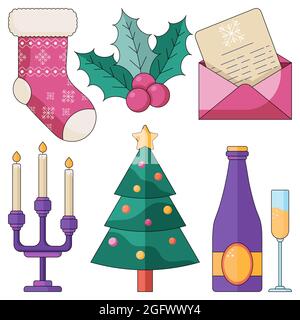 Set di Natale di festa accogliente a casa con vino scintillante, candelabro, vischio, calze per regali, lettera per Santa e albero di Natale. Illustrazione Vettoriale