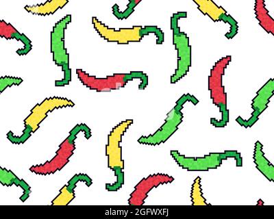 Peperoncini piccanti senza cuciture pattern in stile pixel art. Pixel peperoncino in 8 bit retrò video gioco grafica stile 80s - 90s. Disegno per avvolgere la pape Illustrazione Vettoriale