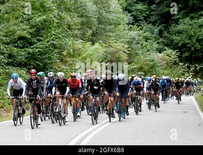 Sangerhausen, Germania. 27 ago 2021. Ciclismo: Tour della Germania, tappa 2, Sangerhausen - Ilmenau. Il pelotone è in arrivo. Credit: Bernd Thissen/dpa/Alamy Live News Foto Stock