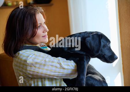 Ritratto di donna di mezza età e nero labrador cucciolo cane Foto Stock