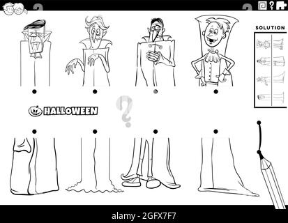 Illustrazione cartoon in bianco e nero di gioco educativo di metà di corrispondenza di immagini con fumetti vampiri Halloween caratteri colorare pagina libro Illustrazione Vettoriale