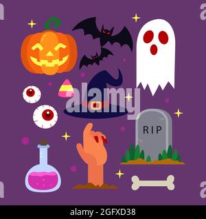 Elementi di Halloween piatti disegnati a mano insieme illustrazione vettoriale. Illustrazione Vettoriale