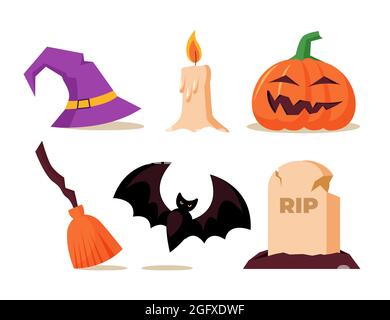 Elementi di Halloween piatti disegnati a mano insieme illustrazione vettoriale. Illustrazione Vettoriale