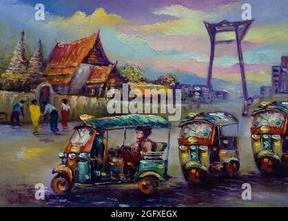 Art Oil painting fine art Tailandia Tuk Tuk car, siam terra di sorrisi Foto Stock