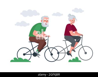 Coppia anziana di pensionati attivo sano stile di vita. Nonna e nonno in bicicletta in età avanzata. I nonni in bicicletta all'aperto trascorrono del tempo. Illustrazione del vettore di vacanza delle persone anziane Illustrazione Vettoriale