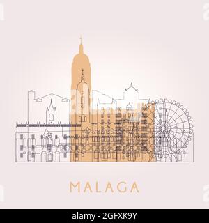 Delineate lo skyline di Malaga con i punti di riferimento. Illustrazione vettoriale. Concetto di viaggio d'affari e turismo con edifici storici. Immagine per la presentazione, banne Illustrazione Vettoriale