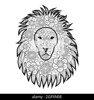 Illustrazione del leone zentangle disegnata a mano. Elemento decorativo astratto del design del doodle. Libro da colorare per adulti Illustrazione Vettoriale