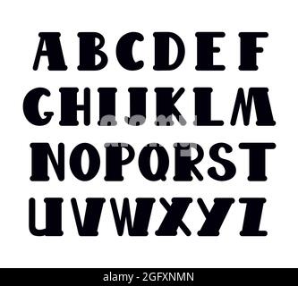 Lettere nere disegnate a mano maiuscola dell'alfabeto inglese in stile doodle illustrazione vettoriale del contorno, abc calligrafico, grafia divertente carino decorativa, scritta d'arte del contorno. Illustrazione vettoriale Illustrazione Vettoriale