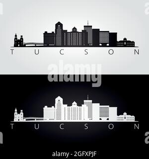 Skyline e silhouette distintivi di Tucson usa, design in bianco e nero, illustrazione vettoriale. Illustrazione Vettoriale