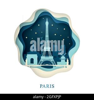 Arte della carta di Parigi. Concetto Origami. Notte città con stelle. Illustrazione vettoriale. Illustrazione Vettoriale