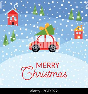 Carta invernale con una piccola auto d'epoca rossa che porta in cima un albero di Natale. Paesaggio innevato con abeti e case. Illustrazione Vettoriale