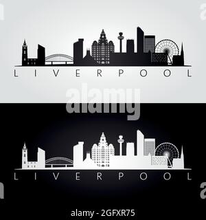 Skyline di Liverpool e silhouette di riferimento, design in bianco e nero, illustrazione vettoriale. Illustrazione Vettoriale