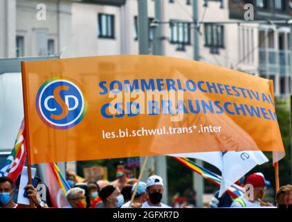 Braunschweig, Germania, 14 agosto 2021: Grande bandiera a capo della processione dimostrativa al CSD 2021 Foto Stock