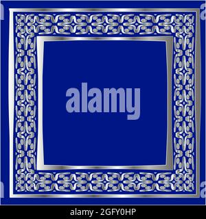 cornice argentata per modello di design. Elemento elegante per il design in stile orientale, posiziona per text.on su sfondo blu. Illustrazione vettoriale del merletto per invi Illustrazione Vettoriale