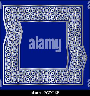 cornice argentata per modello di design. Elemento elegante per il design in stile orientale, posiziona per text.on su sfondo blu. Illustrazione vettoriale del merletto per invi Illustrazione Vettoriale