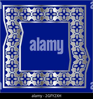 cornice argentata per modello di design. Elemento elegante per il design in stile orientale, posiziona per text.on su sfondo blu. Illustrazione vettoriale del merletto per invi Illustrazione Vettoriale