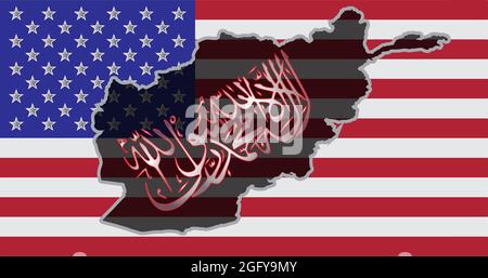 Una mappa di Afghanistan e talebani insignia gainst sfondo della bandiera degli Stati Uniti d'America. Il concetto dei problemi di UN Foto Stock
