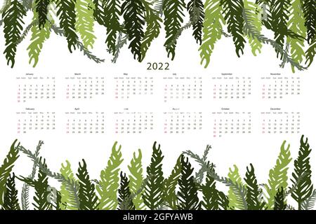 Calendario tropicale per il 2022 con rami verdi e foglie. Illustrazione vettoriale. Illustrazione Vettoriale