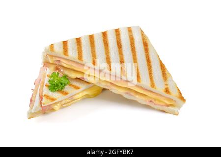 Doppio panino pressato e tostato con prosciutto e formaggio su sfondo bianco Foto Stock