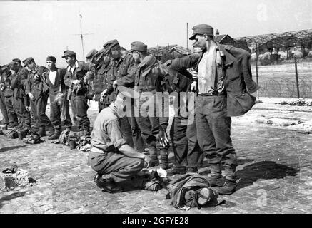 La liberazione di Honfleur, Normandia, Francia durante la seconda guerra mondiale. 26 agosto 1944. Un soldato britannico cerca giovani soldati tedeschi dopo la loro resa. Foto Stock