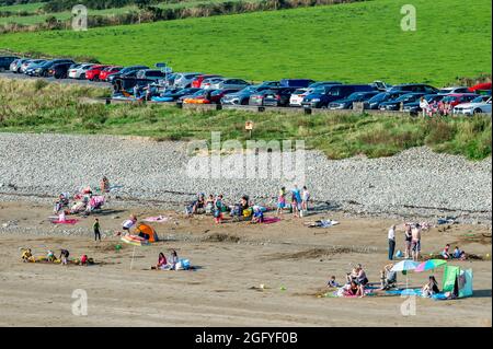 Kilmurrin Cove, County Waterford, Irlanda. 27 ago 2021. Il sole splinse brillantemente sulla Kilmurrin Cove sulla Copper Coast nella contea di Waterford con molti turisti che approfittano del bel tempo. Met Éireann ha previsto che il sole continuerà nel corso del fine settimana. Credit: AG News/Alamy Live News Foto Stock