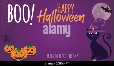 Carta halloween felice su sfondo viola con lettere e zucche arancioni, luna piena, gatto magico con cappello e pipistrello Illustrazione Vettoriale