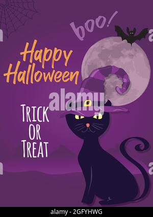 Poster di Halloween con gatto magico con cappello, luna e pipistrello nella notte viola Illustrazione Vettoriale