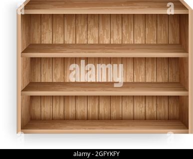 Modello di scaffale vuoto. Scaffali realistici in legno per negozio online, biblioteca, design di interni della scuola. Scaffale vuoto in legno. Illustrazione Vettoriale