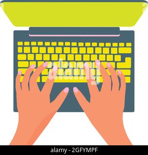 Le mani della ragazza stanno digitando un messaggio sul portatile. Il concetto di freelance o di comunicazione in linea. Vettoriale, piatto, bianco Illustrazione Vettoriale