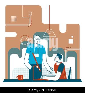 Sviluppatore e suo capo in ufficio, pc e interni moderni, effetto cutout Illustrazione Vettoriale