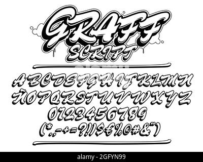 Carattere script Graffiti. Carattere tipografico con lettere maiuscole. Alfabeto vettoriale con numeri e glifi. Contorno nero isolato. Illustrazione Vettoriale