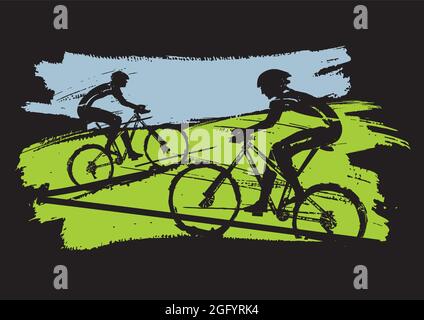 Mountain bikers, gara ciclistica. Illustrazione stilizzata di grunge espressiva dei ciclisti di mountain bike su sfondo nero. Vettore disponibile Illustrazione Vettoriale