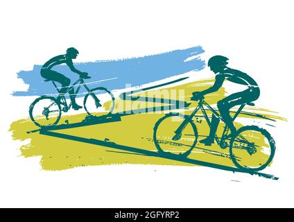 Mountain bikers, gara ciclistica. Illustrazione stilizzata di grunge espressiva dei ciclisti di mountain bike. Vettore disponibile. Illustrazione Vettoriale