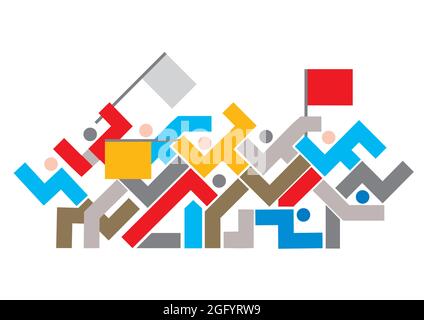 Icona di dimostrazione, protesta, violenza. Simbolo stilizzato con gente astratta con bandiere che simboleggiano le proteste di massa. Vettore disponibile. Illustrazione Vettoriale