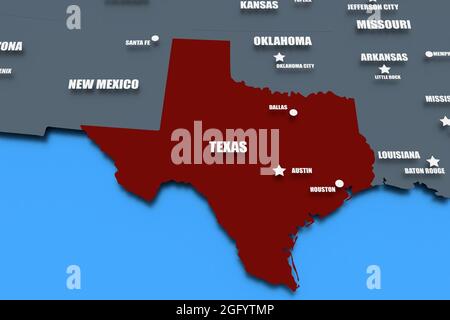 Rendering 3D di una mappa del Texas con nomi di stati Foto Stock