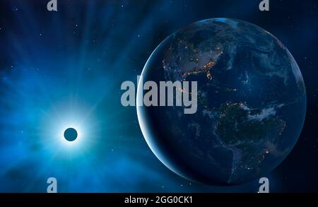 Illustrazione della Terra dallo spazio durante un'eclissi solare, mostrando una grande proporzione del pianeta nell'oscurità. Le città sono viste glistening, che definisce i bordi dei continenti. Questa vista mostra il Nord e il Sud America Foto Stock