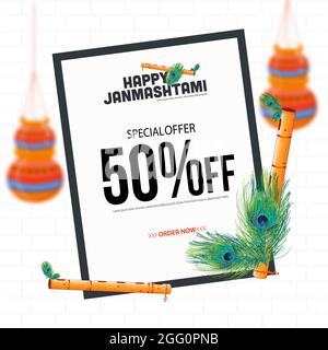 Felice Janmashtami offerta speciale vendita banner design con il 50% di sconto sfondo per le feste. Illustrazione Vettoriale