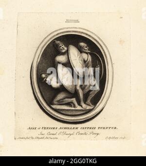 AJAX e Ulisse proteggono un Achille inginocchiato con i loro scudi. AJAX et Ulysses Achillem Clypeis Tuentur. Inciso su carnelia e dattiloteca dalla collezione di Algernon Percy, primo conte di Beverley. Incisione in copperplate a mezzotinta di John Spilsbury dalla sua Collezione di cinquanta stampe da Gemme antiche, John Boydell, Londra, 1785. Foto Stock