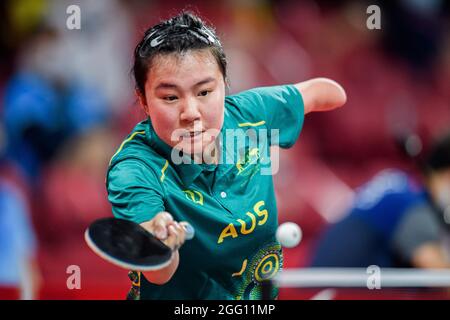 TOKYO, GIAPPONE. 28 agosto 2021. Yang Qian of Australia compete in Donne singole - Classe 10 Quarterfinal 2 durante il Ping-pong QF SM e le finali dei Tokyo 2020 Paralimpic games al Tokyo Metropolitan Gymnasium sabato 28 agosto 2021 a TOKYO, GIAPPONE. Credit: Taka G Wu/Alamy Live News Foto Stock