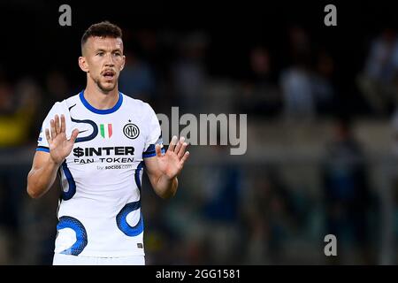 Verona, Italia. 27 agosto 2021. Ivan Perisic del FC Internazionale reagisce durante la Serie A una partita di calcio tra Hellas Verona FC e FC Internazionale. Il FC Internazionale ha vinto il 3-1 al Hellas Verona FC. Credit: Nicolò campo/Alamy Live News Foto Stock