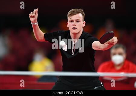 Il giocatore belga di ping-pong Laurens Devos ha illustrato in azione durante una partita di ping-pong tra il belga Laurens Devos e il russo Iurii Nozdrunov, il Foto Stock