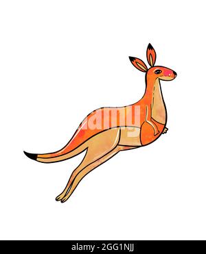 Illustrazione di un disegno colorato di Kangaroo che salta arancione su sfondo bianco isolato. Illustrazione di alta qualità Foto Stock