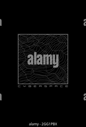 T-shirt cyberspace e design di abbigliamento con griglia cyber-superficie in cornice quadrata. L'estetica della Cyber culture. Stampa in bianco e nero. Vettore Illustrazione Vettoriale